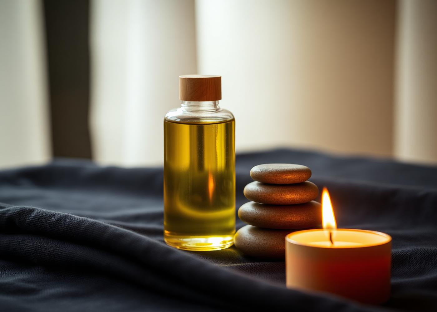 Massageolie, warme stenen en een kaars in gedempt licht
