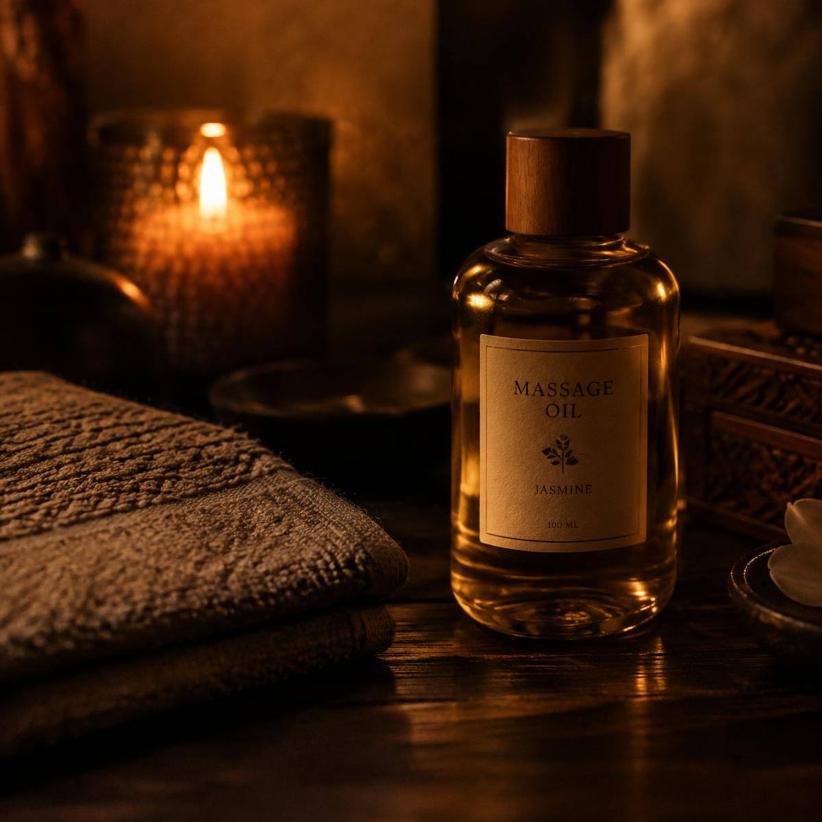 Massageolie en kaars in warme sfeer